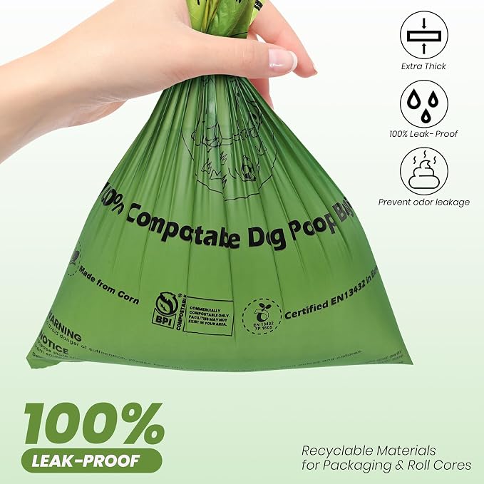 Compostable Dog Poop Bags-300 Bags 1Rolls, Poop Bags for Dogs Made of Cornstarch, Unscented, Ideal for Backyard or Home and Cat Litter Disposal