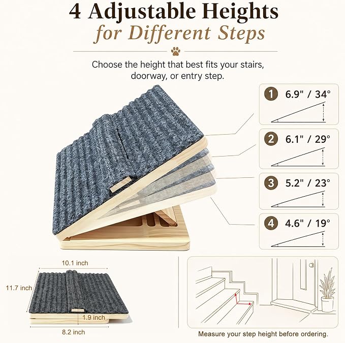 3 Pack Dog Ramp for Stairs – Solid Wood Adjustable & Foldable, 4 Heights, Non-Slip Silicone Base, Traction Felt, Raised Pause Strip, 35lb for Small & Senior Dogs