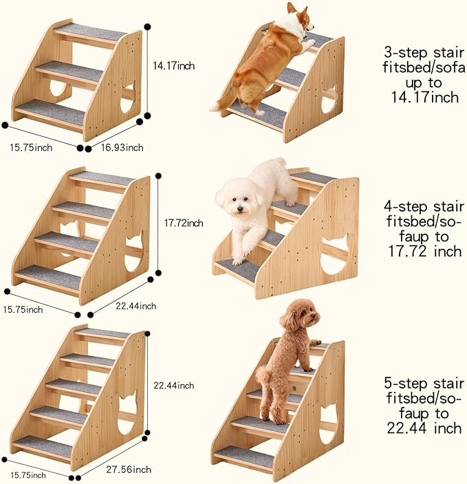 Dog Stairs for Small Medium Large Dogs 14.17" H Load Capacity 150lbs Solid Wood Non-Slip Sturdy Pet Steps for Bed & Couch 3 Step 15.75 * 16.93 * 14.17"