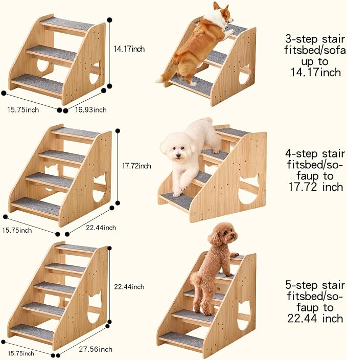 Dog Stairs for Small Medium Large Dogs 17.72" H Load Capacity 150lbs Solid Wood Non-Slip Sturdy Pet Steps for Bed & Couch 4 Step 15.75 * 22.44 * 17.72"
