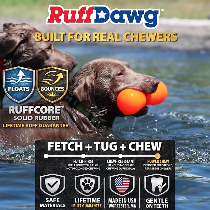 Ruff Dawg Big Dawg Barbell Medium Green – Heavy-Duty Solid Rubber Dog Chew Toy for Small to Medium Dogs Under 40 lbs – Floats & Bounces – Made in USA