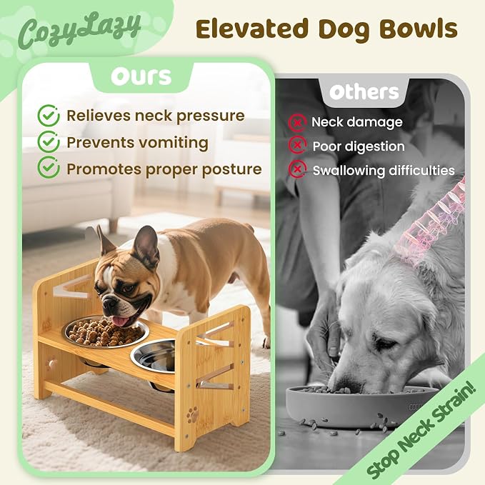 Elevated Dog Bowls, Adjustable Raised Dog Bowl Stand for Medium and Small Pet, 11" High Bamboo Pet Food Feeder with 2 Stainless Steel Dishes（4 Heights）