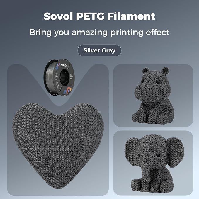 Sovol 3D Printer PETG Filament 1.75mm 1KG (2.2lbs), High Precision, Strong Toughness, Wiring Tightness, Dimensional Accuracy +/- 0.03 mm, 3D Printing PETG Filaments, Silver Gray