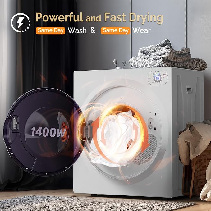 ROVSUN 2.6 Cu.Ft Portable Clothes Dryer, 1400W Fast Drying Front Load Tumble Laundry Dryer with Stainless Steel Tub & LCD Control Panel Six-Mode for Apartment, Home, Dorm
