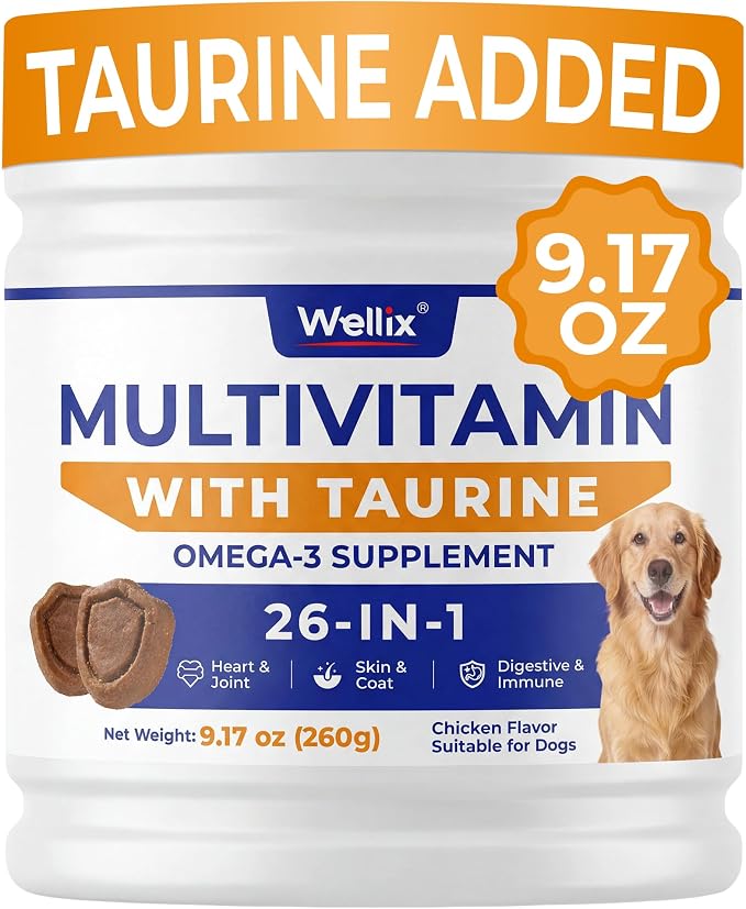 Wellix 26-in-1 Dog Multivitamin, Dog Vitamins and Supplements with Taurine | with CoQ10, Glucosamine, Probiotics & Omega-3 for Heart, Joint, Gut, Immune, Skin, Coat Health | Chicken Flavor