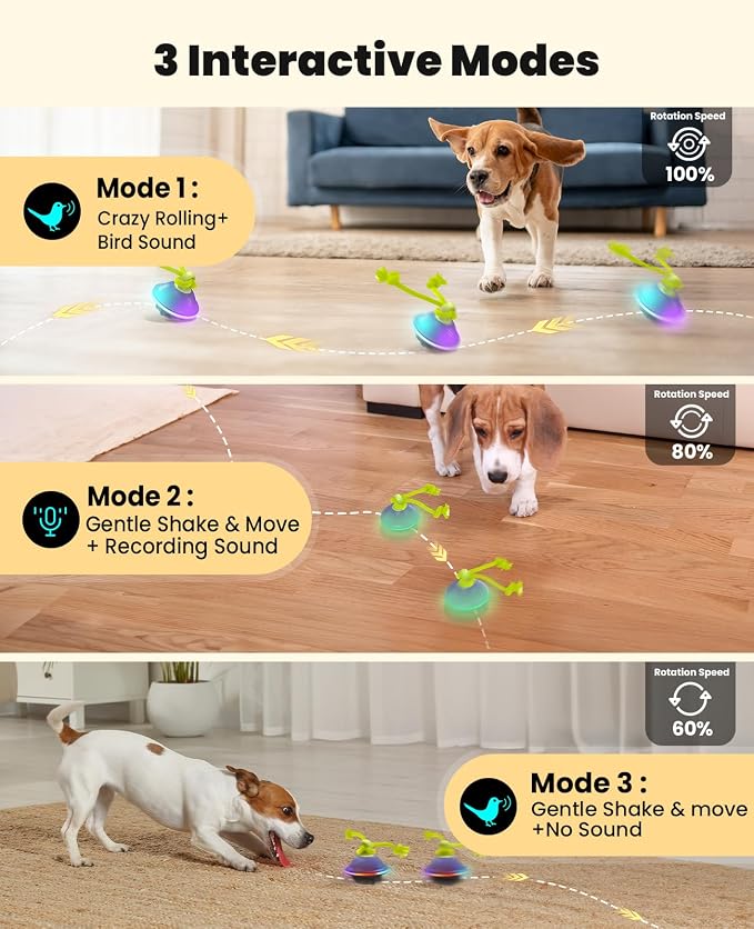 Xeuch Interactive Dog Ball with Rope, Motion Activated Squeaky Ball, Green | 3 Speeds, Bird Chirps, Voice Recording, 7 LED Modes, Type-C Recharge, 4-hour Playtime, Silicone Shell, for Small-medium Dogs