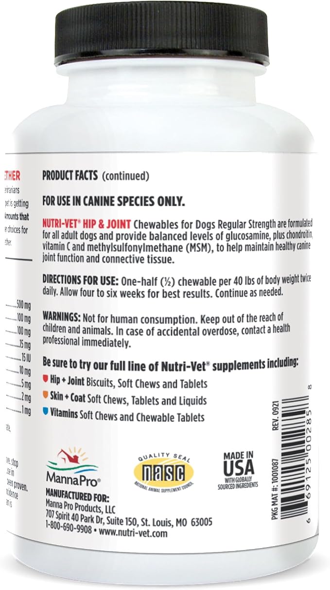 Nutri-Vet Hip & Joint Dog Supplement, 500mg Glucosamine, 120 Count