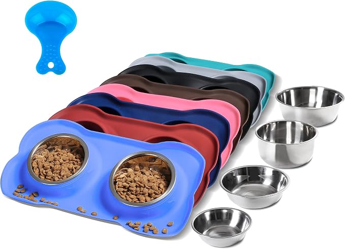 Hubulk Pet Dog Bowls 2 Stainless Steel Dog Bowl with No Spill Non-Skid Silicone Mat + Pet Food Scoop Water and Food Feeder Bowls for Feeding Small Medium Large Dogs Cats Puppies (Small, Blue)