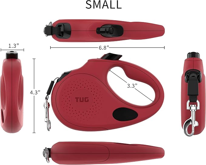 TUG Oval 360° Tangle-Free Retractable Dog Leash with Integrated Waste Bag Dispenser (Small, Red)