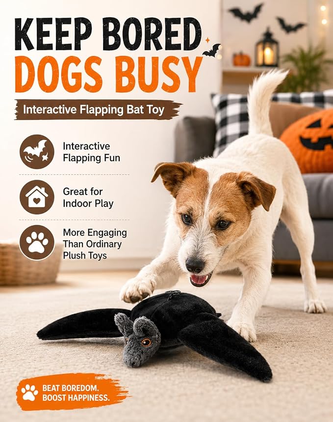 Halloween Interactive Flapping Bat Dog Toy, Motion Activated Rechargeable Plush Toy with Moving Wings for Bored Dogs, Puppies, Small & Medium Dogs (1PCS)
