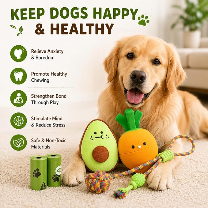 Cute Dog Toys for Small Dogs, Vegetable Puppy Toy Set with Squeaky Carrot, Avocado Plush & Rope Tug Toys, Interactive Puppy Starter Kit (Bright Orange)