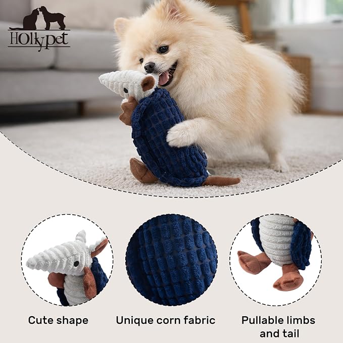 Hollypet Armadillo Squeaky Puppy Dog Toys for Small Medium Dogs, 8" | plush stuffed small dog squeak animal toy with unique grunt squeaker textured fabric for teeth cleaning toys