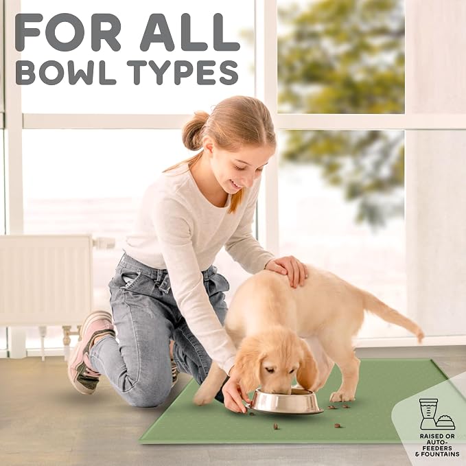 Dog Food Mat - 28x18 Raised Edges Dogs Mat for Food and Water Prevent Spill, Waterproof Cat Food Mats Protect Floors, Easy Clean Dog Bowl Mats for Food and Water, Silicone Pet Feeding Placemats Green