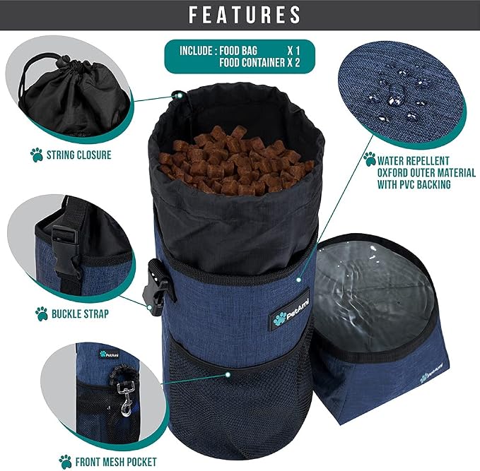PetAmi Travel Dog Food Bag with Collapsible Bowls Set, Navy & Gray