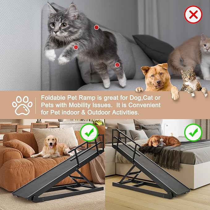 SLSY Dog Ramp for High Beds & Couch, 63" Folding Adjustable Pet Ramp with Non-Slip Rubber Mat, 5 Height Levels (15.7"–31.4"), Portable Dog Stairs for Large Dogs up to 250 lbs, Black