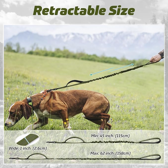 rabbitgoo Tactical Dog Leash, Heavy Duty Training Bungee Lead | Military Leash with 2 Padded Control Handles for Medium Large Dogs, No Pull for Shock Absorption, Reflective, Green, 5.2FT