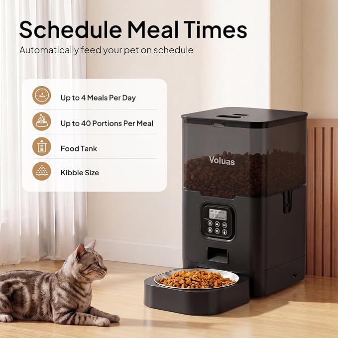 VOLUAS Cat Dry Food Dispenser with Timer, Automatic Cat Feeders with Desiccant Bag, Programmable Portion Size Control 4 Meals Per Day, 10s Voice Recorder