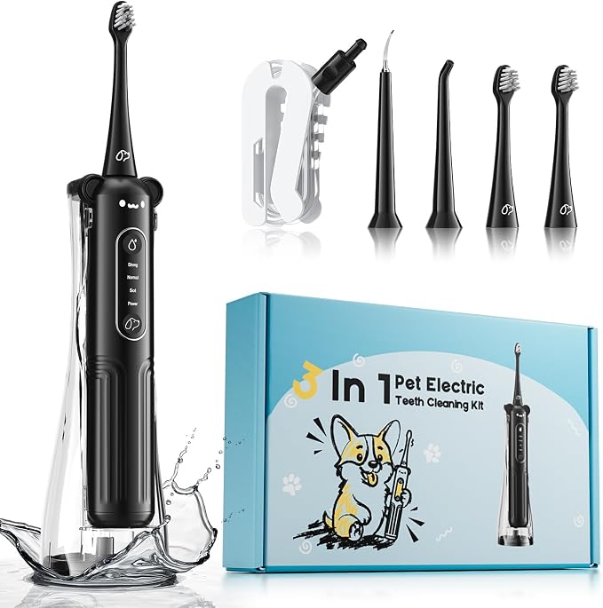 UNINGOPI Dog Tooth Brushing Kit, 3 in 1 Dog Electric Toothbrush with Water Flosser, Dog Teeth Cleaning Tools with 3 Modes, Deep Cleaning Kit for Dogs and Cats, IPX7, Black
