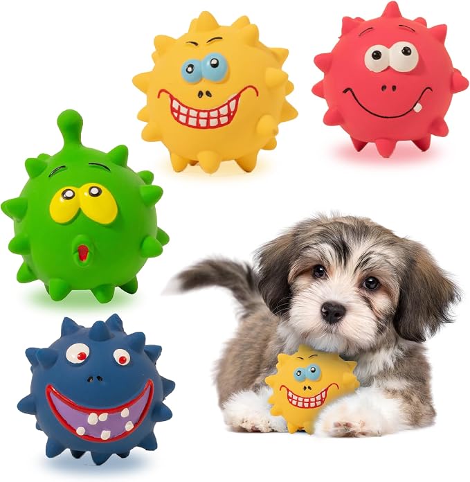 TTCOLATOPIA 4Pcs Squeaky Dog Toys Set - Non-Toxic Natural Latex Rubber Balls for Large, Medium, Small Dogs - Cute Faces for Fun