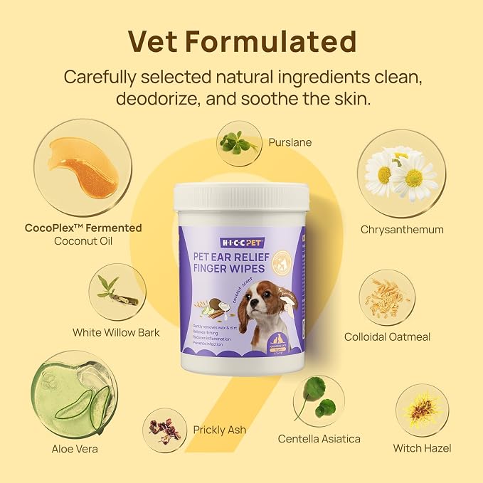 HICC PET Ear Cleaner Finger Wipes for Dogs, Cats, Small Animals, Vet-Trusted Dog Ear Infection Treatment to Relief Itchy & Inflammation, Clean Wax, Dirt, Stain & Odor, Hypoallergenic(Coconut Scent)