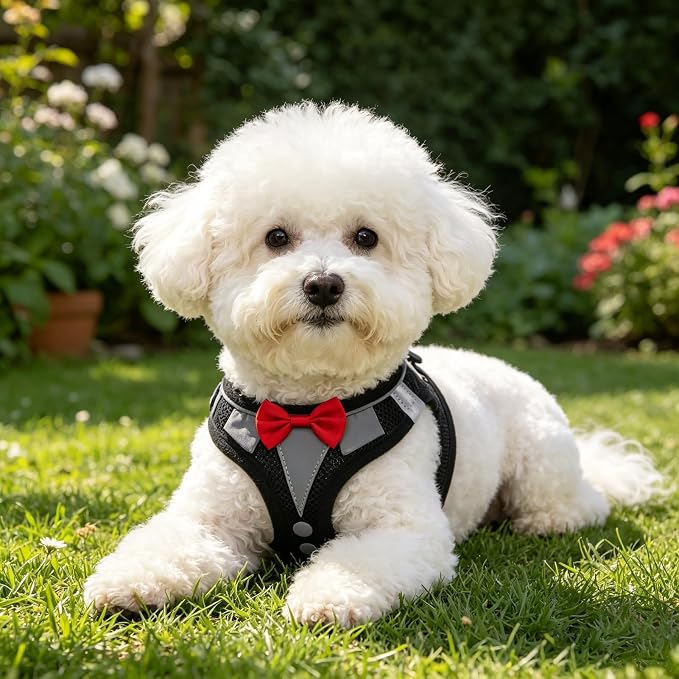 PUPTECK Dog Harness and Leash Set for Small Medium Dogs No Pull Step-in Soft Mesh Puppy Cat Vest Harnesses Reflective at Night, Black Bow Tie