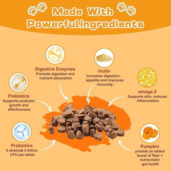 Probiotics for Dogs & Cats, with Prebiotics, Digestive Enzymes,Inulin, Pumpkin for Digestive, Gut, Skin & lmmune Health, Reduce Diarrhea & Gas, Small and Large Dog & Cats, 120 Chews