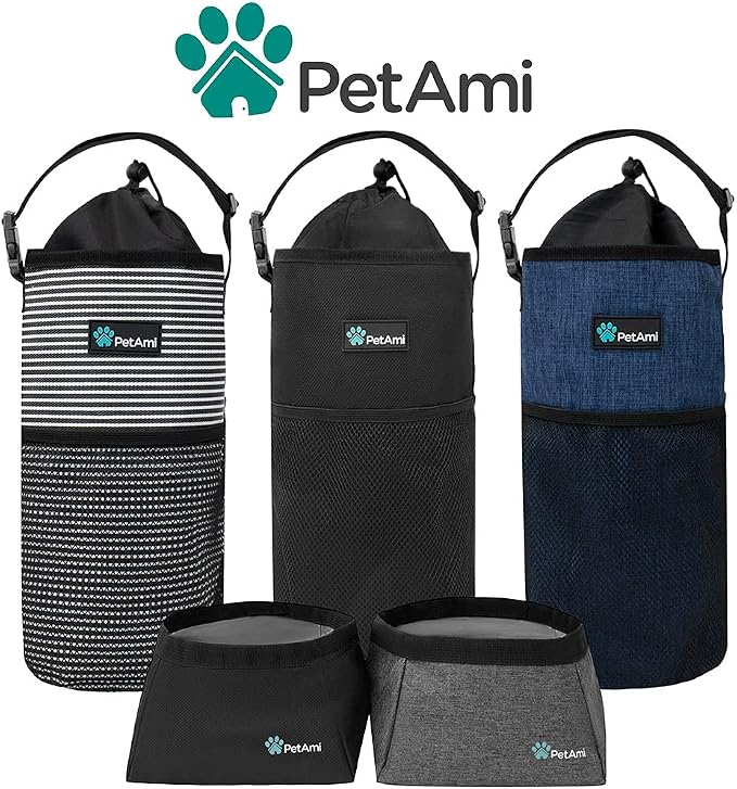 PetAmi Travel Dog Food Bag with 2 Collapsible Bowls, Black & Grey