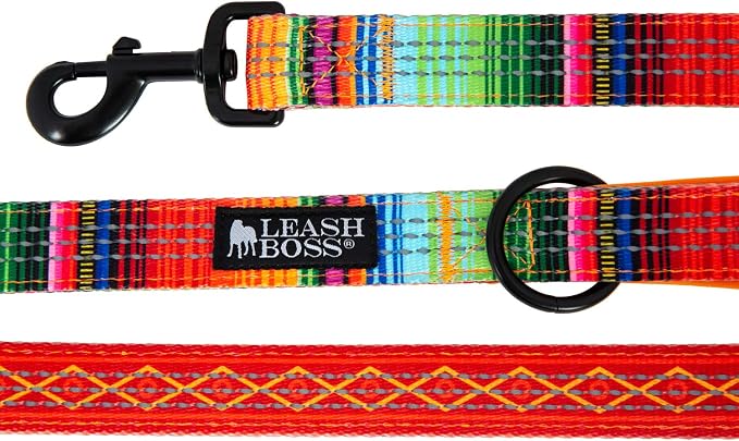 Leash Boss Chain Martingale Patterned Reflective Collar and 6 Ft Double Handle Leash with Padded Handles, Large Collar 19-24.5" Neck, Orange Blanket Pattern