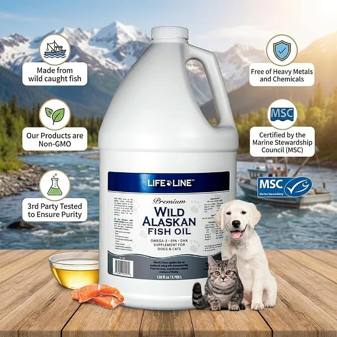 Life Line Pet Nutrition Wild Alaskan Fish Oil for Dogs and Cats 128oz – Omega 3 Fish Oil Supplement for Skin & Coat, Brain, Eye & Heart Health