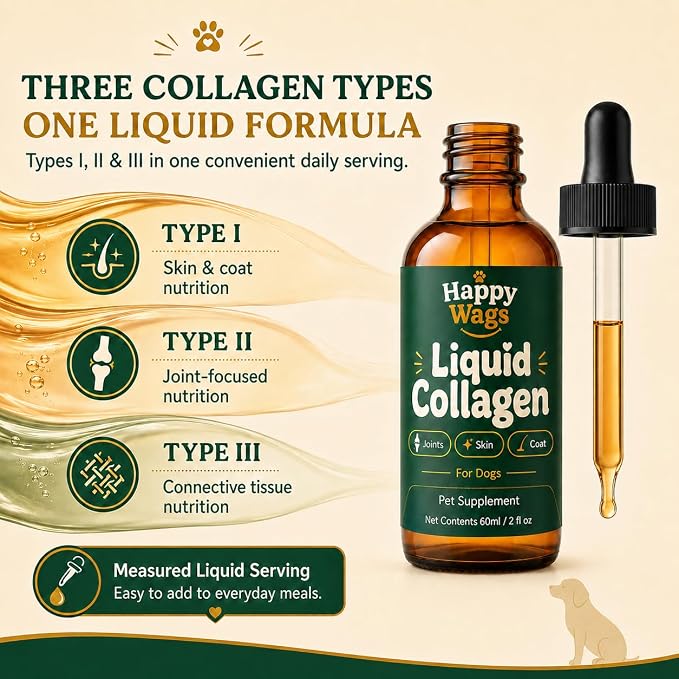 Happy Wags Premium Liquid Collagen for Dogs, Joint Care, Skin & Coat, Coat Support, 2 fl oz