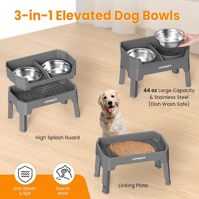 URPOWER 3-in-1 Elevated Dog Bowls - Mess Proof Double Deck 4 Height Adjustable Raised Stand with 2 Stainless Steel Food Bowls & Licking Plate for Small, Medium & Large Dogs