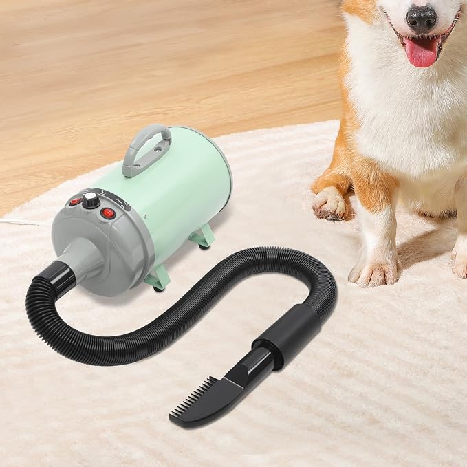 Dog Dryer, Dog Dryer for Pet Grooming, 2200W Pet Grooming High Velocity Force Blower with 4 Nozzles, Adjustable Speed and Temperature Control High Velocity Pet Blow Dryer (Green)