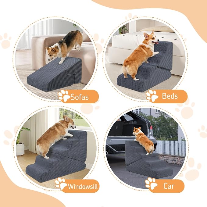 Dog Ramp for Bed, 23" H Dog Stairs for High Bed, 2 in 1 Pet Steps for Small Dogs, 5-Step Foldable Transformable Large Cats Ramp to Get on Couch, Non-Slip Balanced, Grey