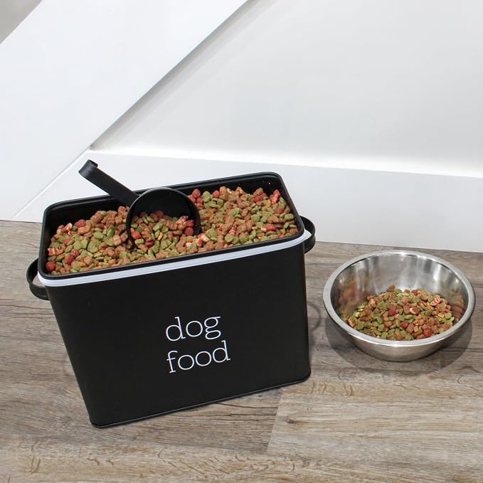 AuldHome Design Retro Dog Food Canister (Black); Modern Farmhouse Style Storage Bin for Pet, Stainless Steel, Black