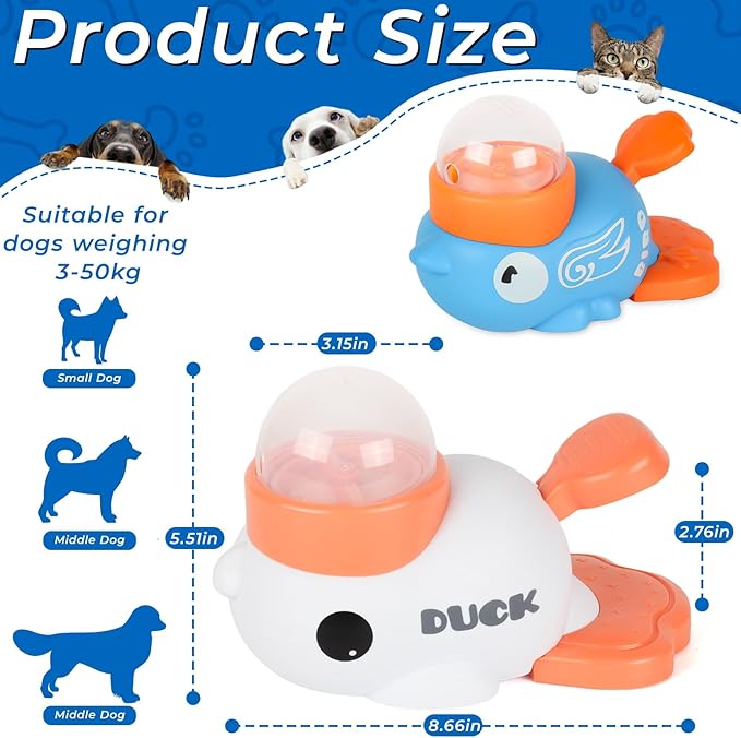 2-in-1 Duck Shaped Interactive Dog Toy Food Puzzle Slow Feeder (White/Blue Duck Shaped with Button), cat Snack Dispenser, Reduces Bloating in Small Animals, Dog Puzzle Feeder