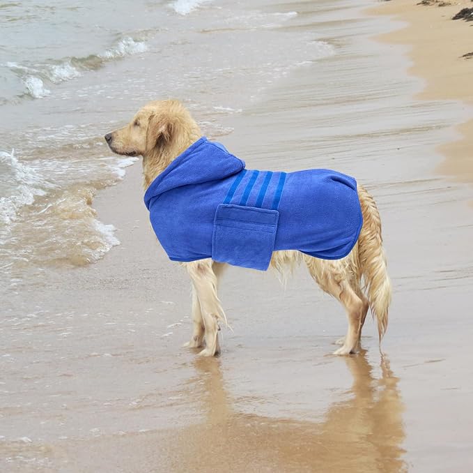 Geyecete Dog Drying Coats with Hood - Absorbent Robe Towel - Microfibre Fast Drying - Blue - XXL