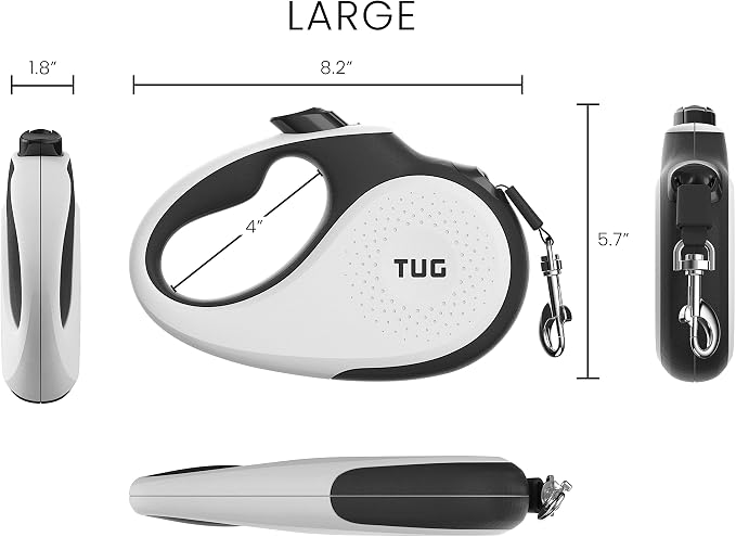 TUG Original Retractable Dog Leash, 16 ft (Large, White) | 360° Tangle-Free Retraction, 16 ft Tape, Quick Thumb Lock, Anti-Slip Handle, For Dogs Under 110 lbs