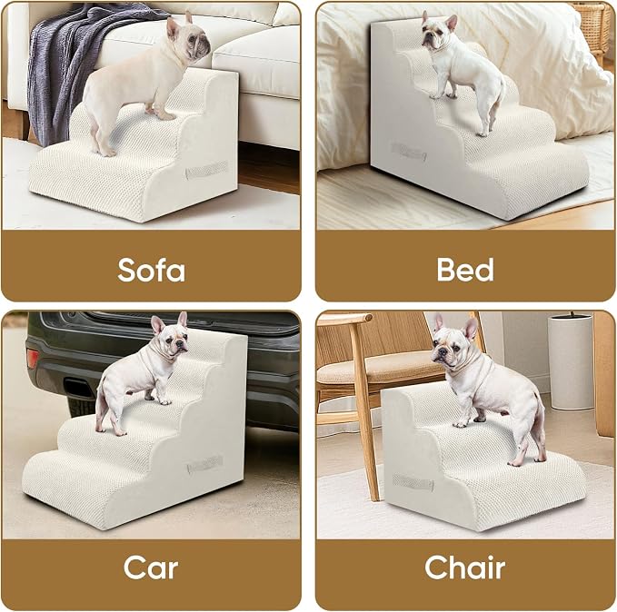 PAWSCRAT Pet Stairs for Dogs 3-Step, 15.7" H Pet Stairs for High Bed, Couch Sofa & Chair, 30D Material Soft Foam Dog Steps with Non-Slip Bottom Surface Removable Washable Cover, Beige