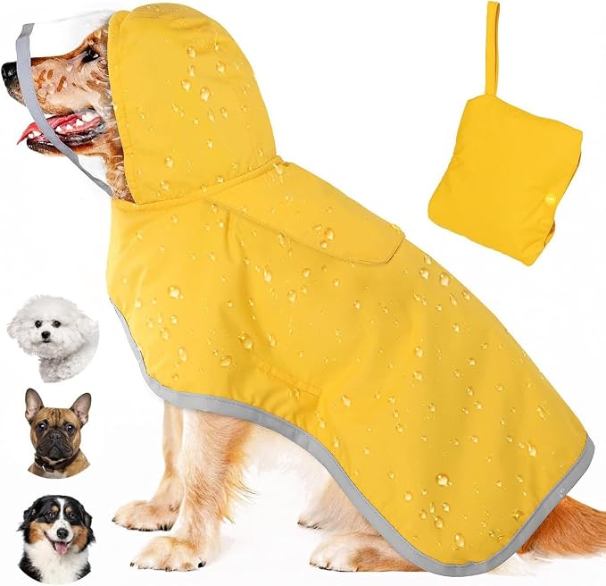 Dog Raincoat with Hood, Adjustable Poncho Jacket for Large Medium Small Dogs, Reflective Stripes, Storage Pocket (A, L)
