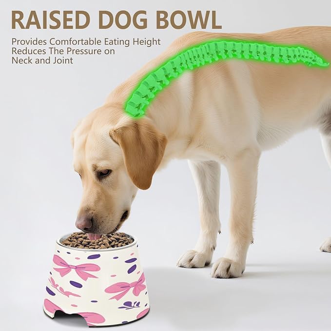 YETTASBIN Cute Bows Ribbons Elevated Dog Bowls, Prevention of Vertebrae Disease Raised Dog & Cat Bowl Stand with Removable Stainless Steel Bowls, Non-Slip Spill-Proof Pet Food & Water Bowl Dish