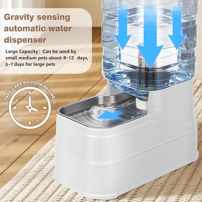 1.1 Gallon Pet Automatic Dog Water Dispenser Cat Gravity Waterer Feeder with Stainless Steel, 1.1 Gallon, Polyester, White