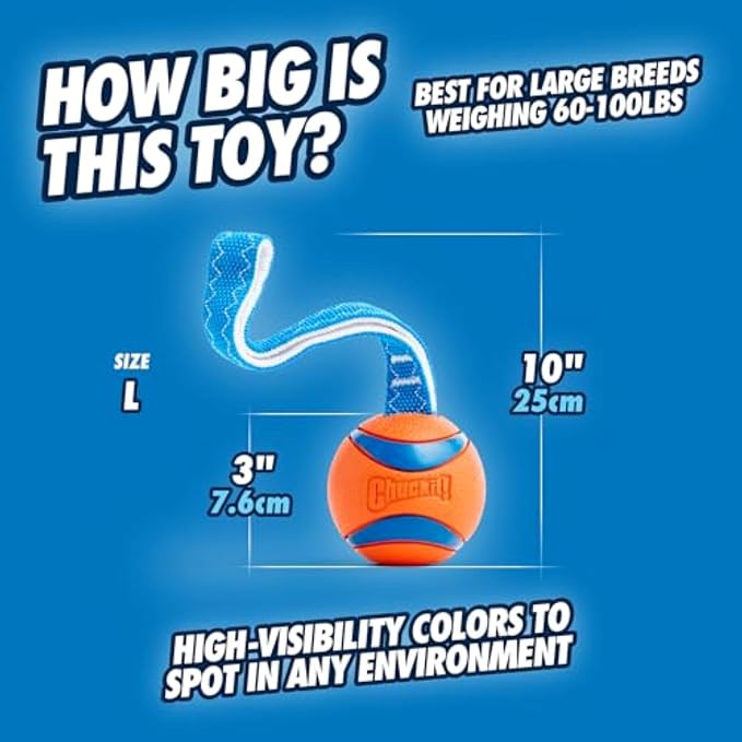 Chuckit! Ultra Tug Dog Toy, Durable Nylon Cord Handle, Large 3-in | Ultra Ball on a Tug-of-War Handle Offers Fetch and Tug Play for Large Breeds 60-100 lbs in Orange and Blue