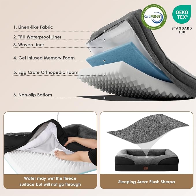 EHEYCIGA Orthopedic Memory Foam Dog Bed - Large 41x27in, Grey/Black