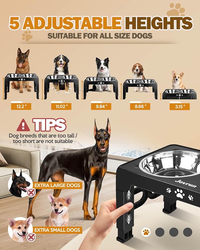 Jovrun Elevated Dog Bowls for Small Medium Large Size Dogs, Non-Slip Dog Feeder with 2 Food Water Bowls, 2-5 Heights Adjustable Raised Bowls Stand