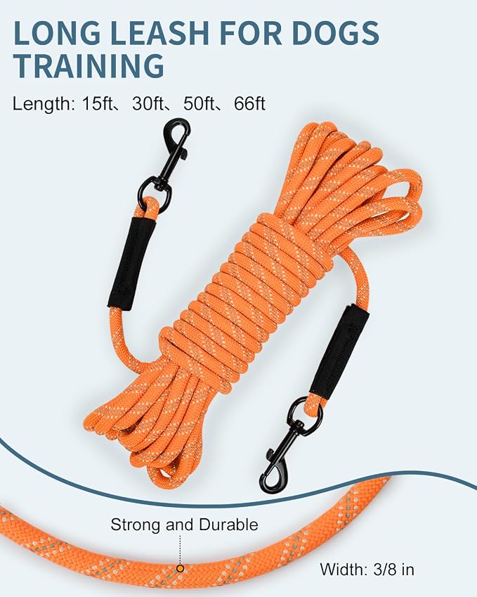 Taglory Long Dog Leash with Removable Padded Handle Tie Out, 15/30/50/66FT Heavy Duty Training Leash with 2 Swivel Hooks for Large Medium Small Dogs Camping, Hiking, Walking, Backyard, Orange, 15FT