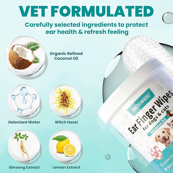 MEDUWEDU Ear Cleaner Finger Wipes 120 Counts, Dog Ear Cleaner, Grooming Kit Care for Dogs and Cats, Soft & Easy Otic Cleaning Pads, Remove Wax, Dirt & Stop Smelly, Itchy, Non-Irritating, Unscented