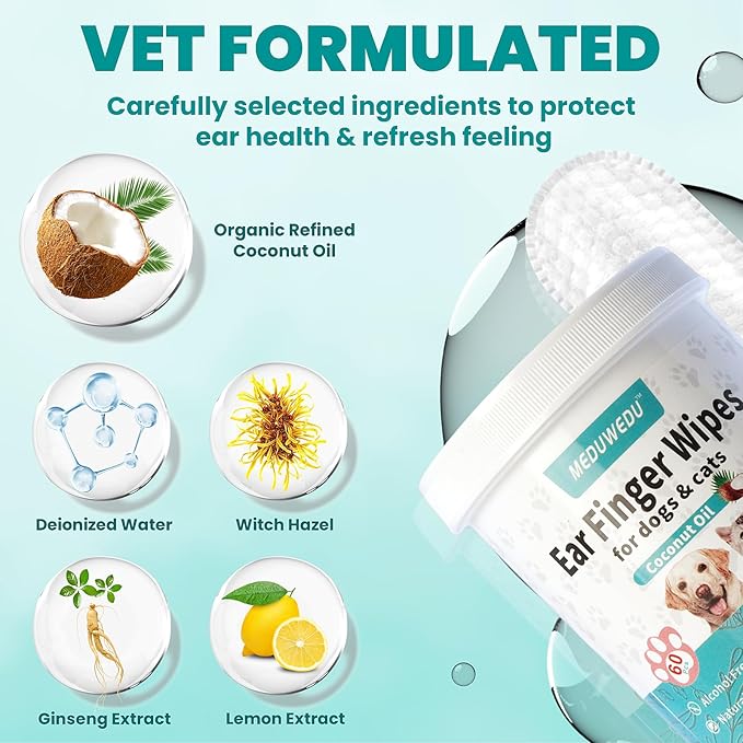 MEDUWEDU Ear Cleaner Finger Wipes 60 Counts, Dog Ear Cleaner, Grooming Kit Care for Dogs and Cats, Soft & Easy Otic Cleaning Pads, Remove Wax, Dirt & Stop Smelly, Itchy, Non-Irritating, Unscented