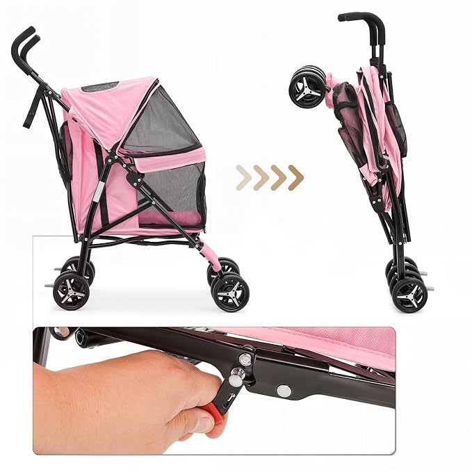 MoNiBloom 4-Wheel Foldable Pet Stroller - Pink, up to 22lbs