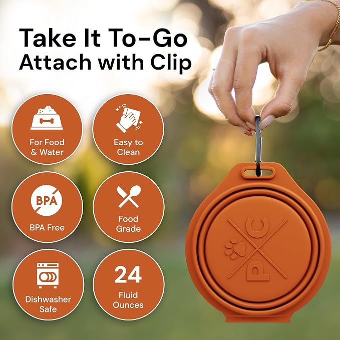 Pup Culture Dual Collapsible Dog Bowls | Silicone Travel Water Bowl for Dogs | Food Grade, No Plastic Rim, Portable Dog Bowl for Food and Water - Easy to Clean | BPA Free and Safe for Your Pup-Orange