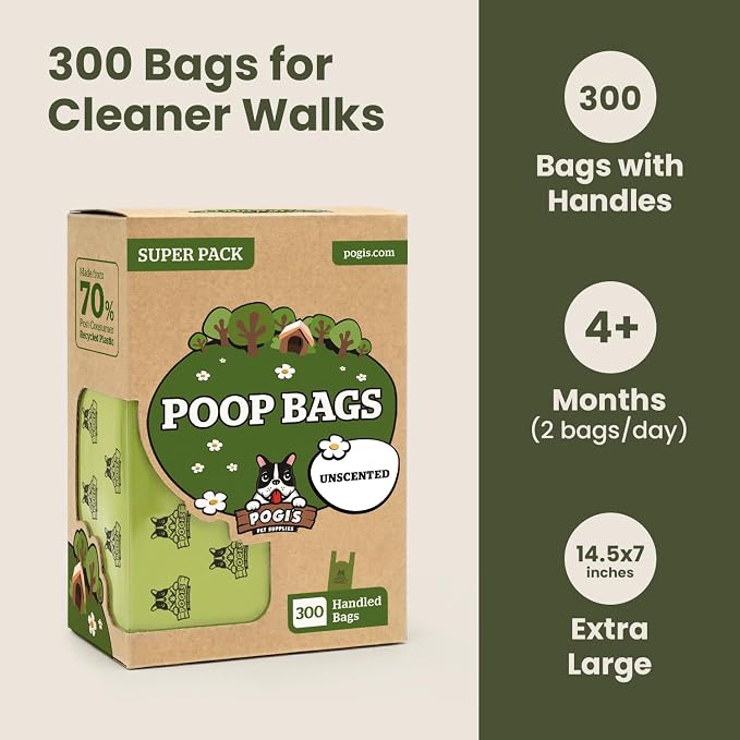 Pogi's 300 Unscented Dog Poop Bags with Handles - Earth-Friendly, Leak-Proof, Ultra Thick, 4+ Month Supply